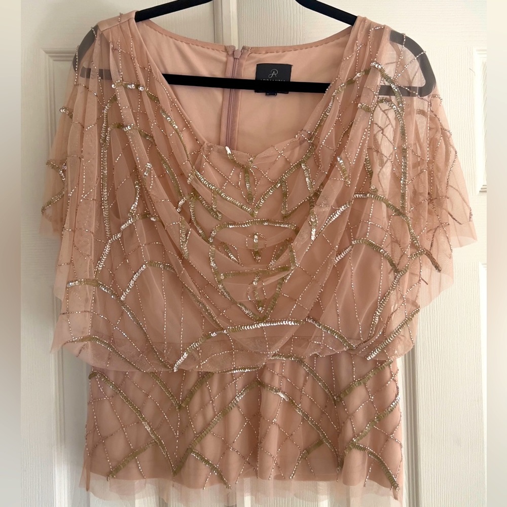Adrianna Papell signature blouse hand beaded top w/ flutter sleeves sz 8 blush